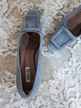 Bibi Lou Anthropologie Slip On Suede Blue Grey Suede Loafer Classic Kitten Heels